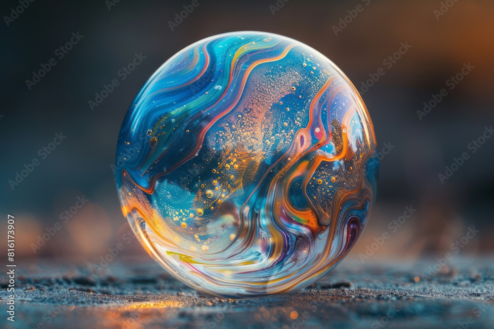 Poster illustration of a soap bubble with intricate, colorful fractal patterns forming its delicate surface