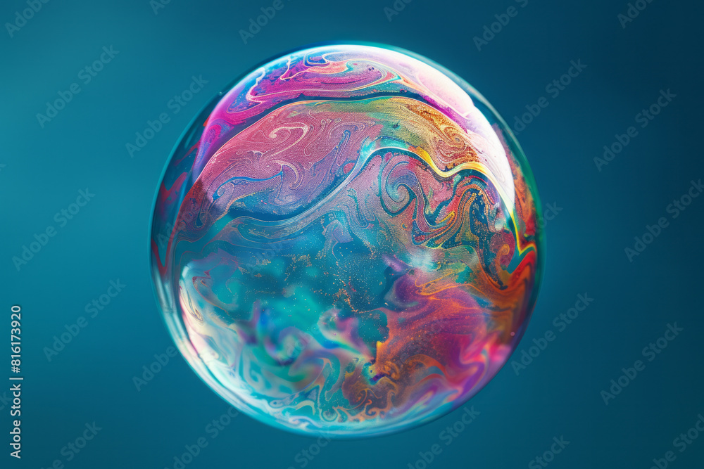 Poster illustration of a soap bubble with intricate, colorful fractal patterns forming its delicate surface
