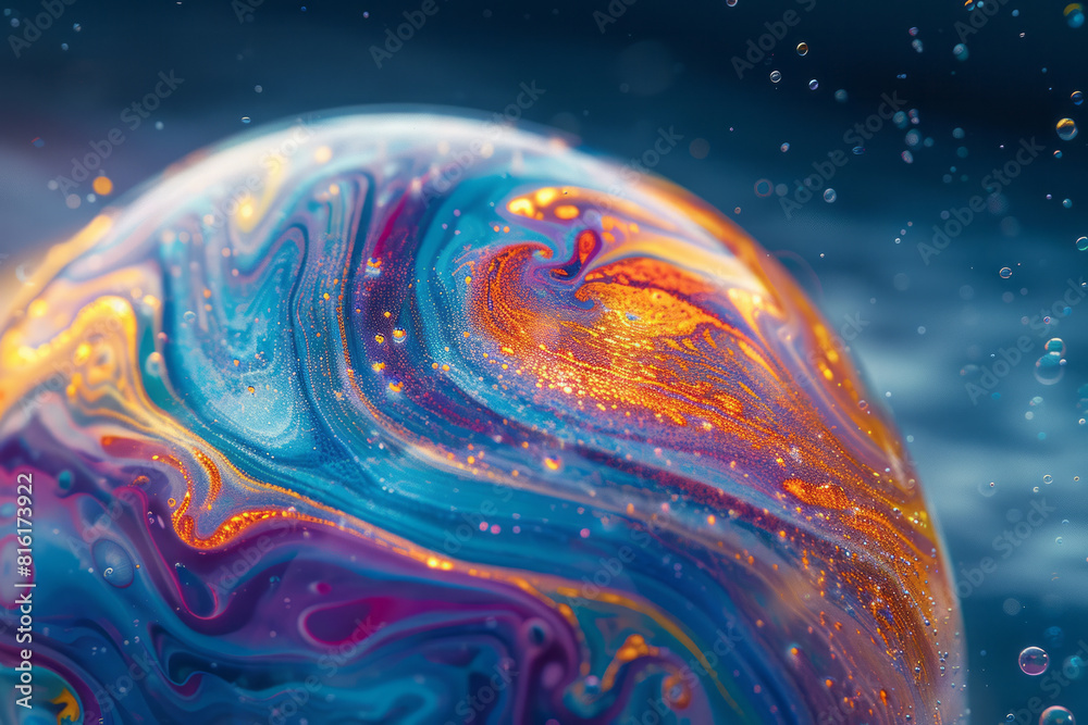 Poster illustration of a soap bubble with intricate, colorful fractal patterns forming its delicate surface