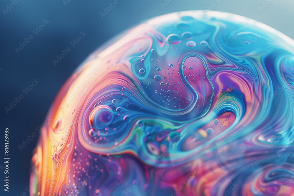 Poster illustration of a soap bubble with intricate, colorful fractal patterns forming its delicate surface