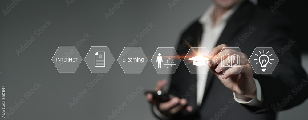 Poster concept of online education. man use online education training and e-learning webinar on internet fo