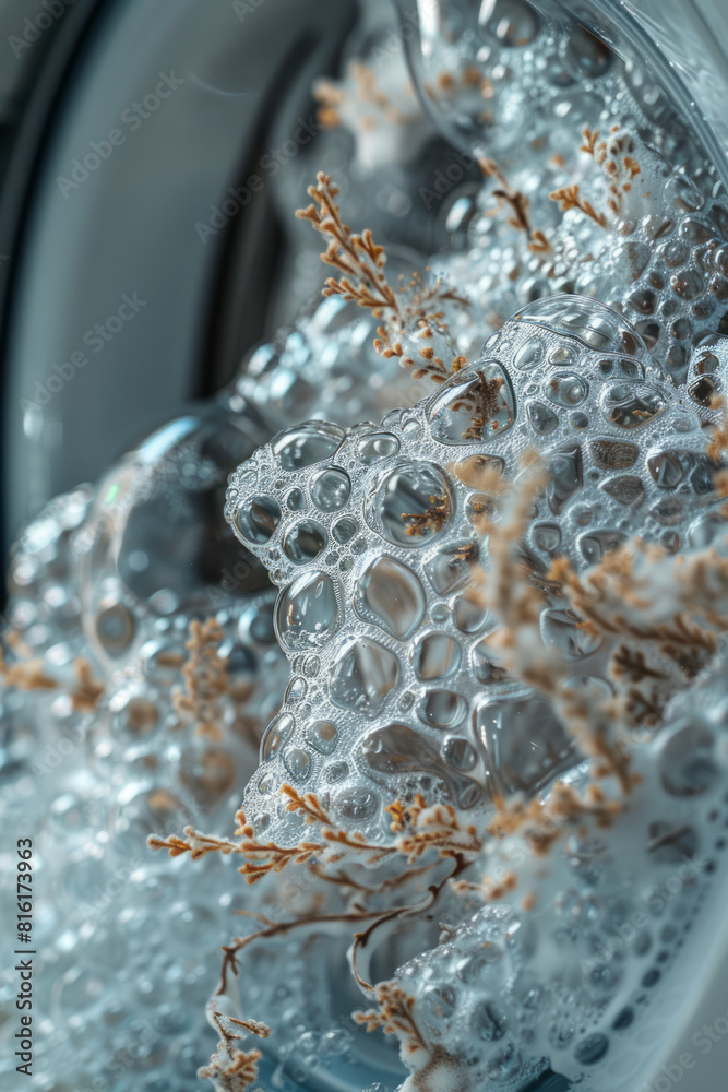 Poster Dynamic image of foam in a washing machine, with each bubble containing a detailed, fractal-like design,