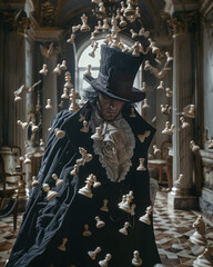 a man dressed as a chess king, surrounded by chess flying in the air, generative ai