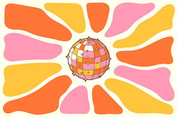 Retro groovy disco ball in trendy vintage colors with sunburst background. Disco vintage poster for retro 70s parties