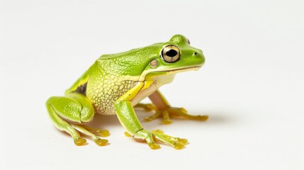 A bright and detailed close-up shot capturing the vivid colors and textures of a green frog against a stark white background