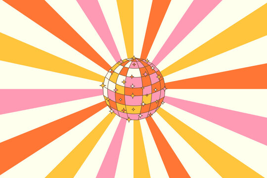 Retro groovy disco ball in trendy vintage colors with sunburst background. Disco vintage poster for retro 70s parties