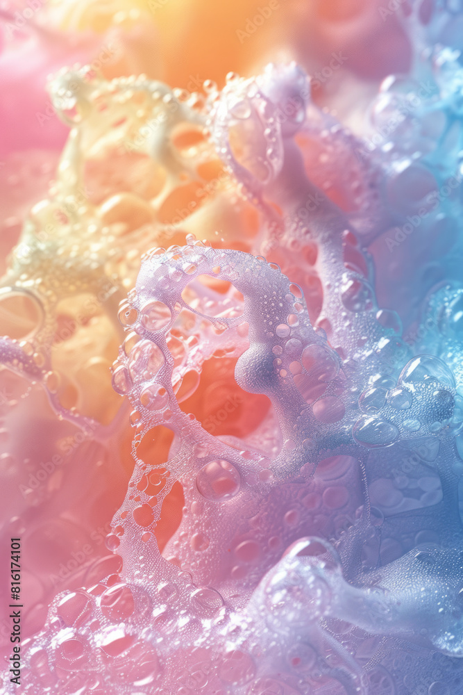 Poster illustration of a close-up of soap foam, with each bubble containing a unique, colorful fractal desi