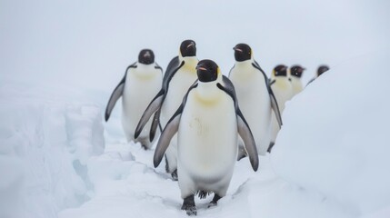 Fototapeta premium A group of king penguins appear to march in single file through a white snowy expanse set against a gloomy overcast sky
