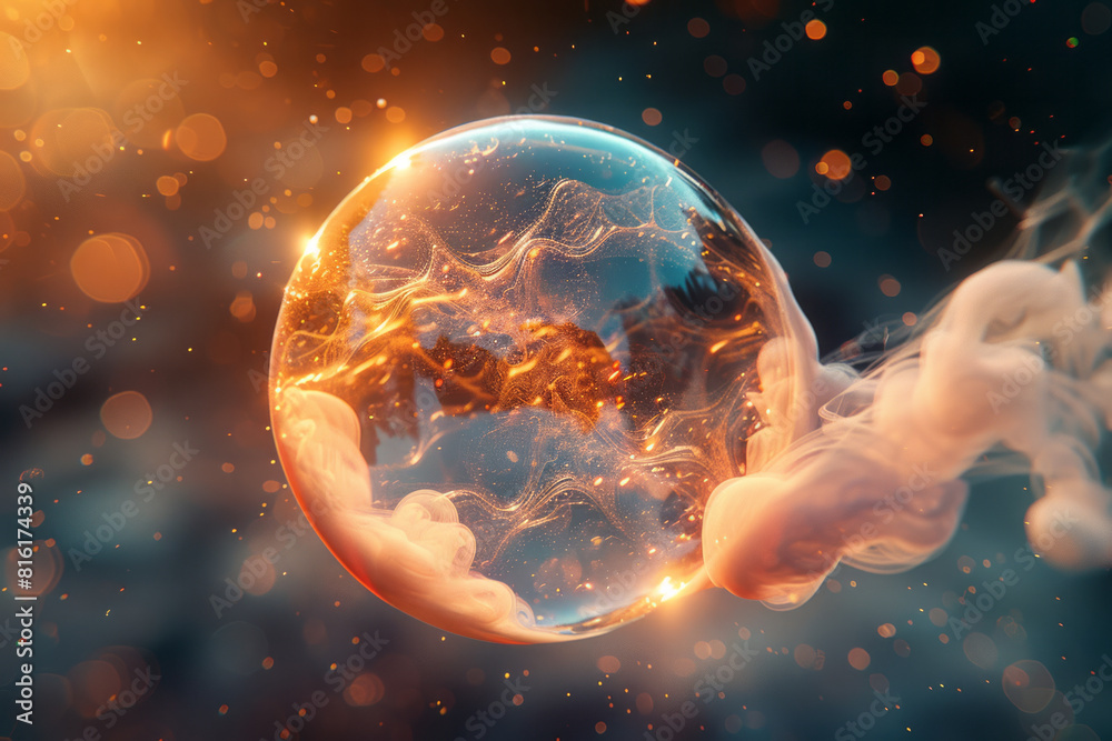 Poster Illustration of a bubble floating in the air, with its surface displaying complex fractal patterns,