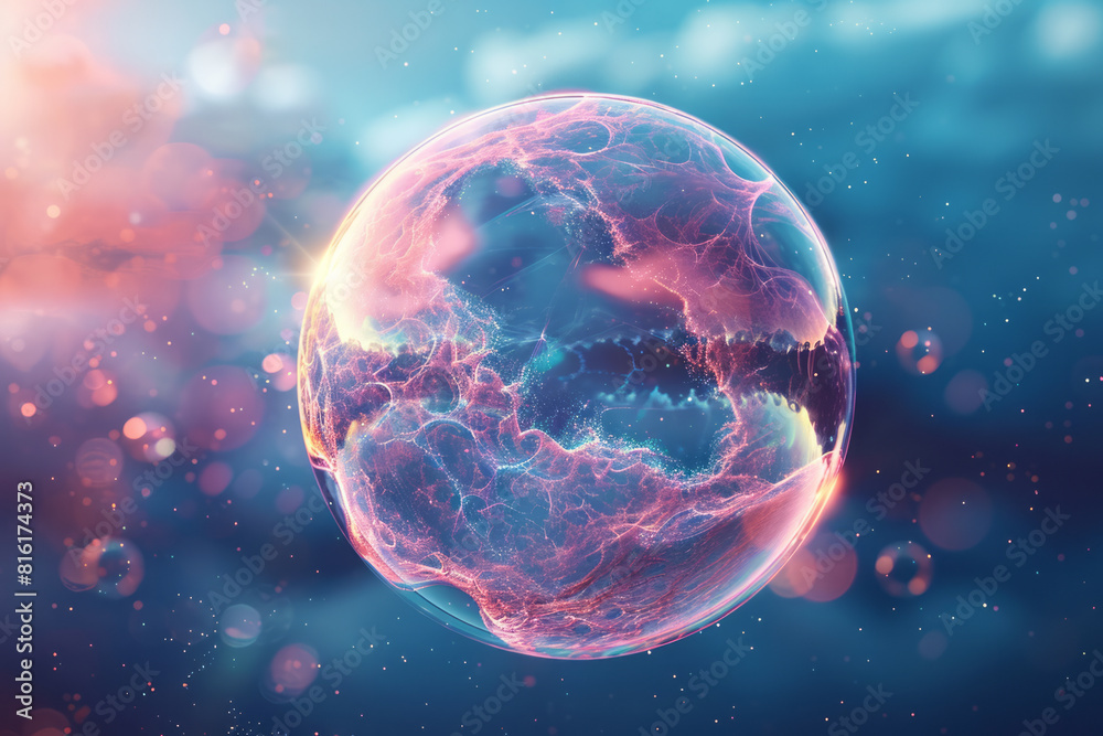 Poster Illustration of a bubble floating in the air, with its surface displaying complex fractal patterns,