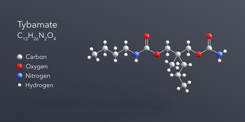 tybamate molecule 3d rendering, flat molecular structure with chemical formula and atoms color coding