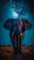 African Serenity: Solitary elephant beneath starry sky, celestial glow, harmonious blues, tranquil ,generative ai