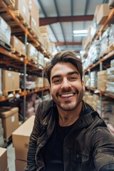 Fototapeta premium A warehouse smiling man worker is taking selfie on a working place