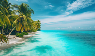 A tropical beach paradise with crystal clear turquoise waters and swaying palm trees.