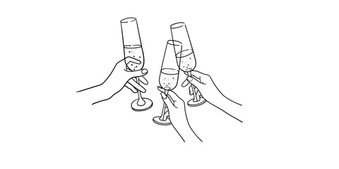 Continuous line champagne cheers one line art, continuous drawing contour.Toasting with wine glasses with drinks. Cheers toast festive decoration for holidays. Vector illustration  © DOROTHEA