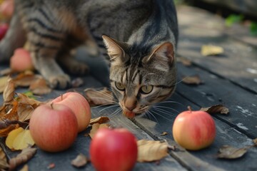 Curious tabby cat sniffs at red apples among autumn leaves on a weathered wooden surface
