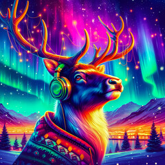 Digital art vibrant colorful reindeer wearing headphones listening to music with northern lights background