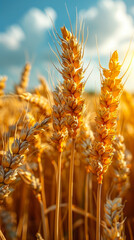 Close-up of wheat ears in sunset light and with the background blurred. Rural landscape on a summer day. Harvest concept. Vertical Banner