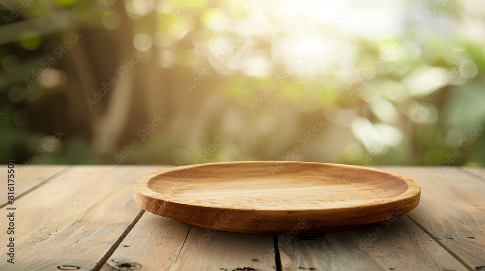 Leinwandbilder empty wooden plate on wood table soft blurry background of free space for your copy and branding use