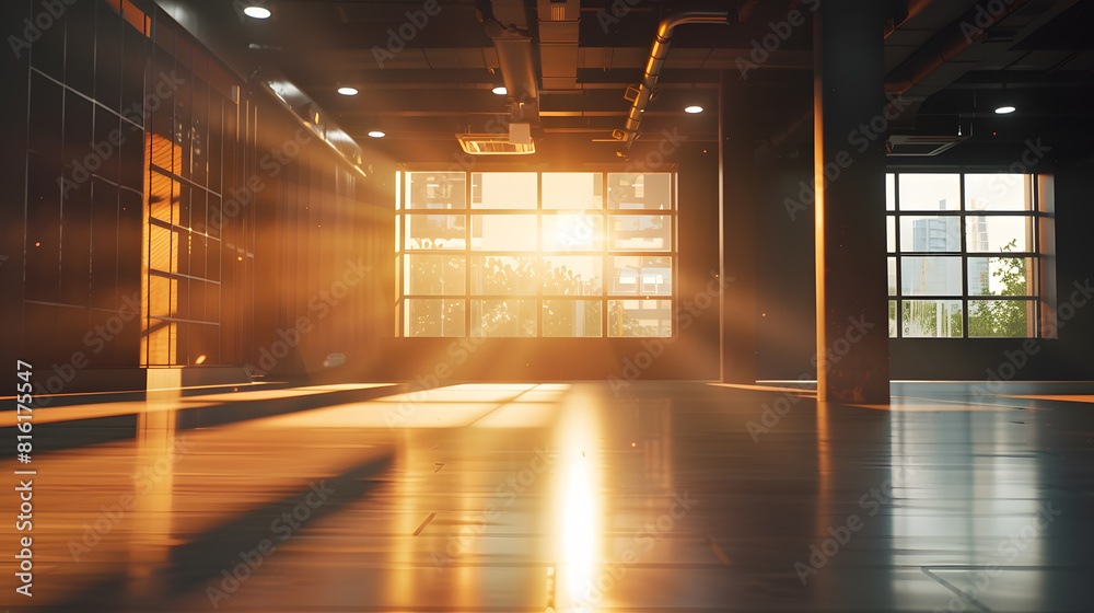 Poster empty gym and interior space or dark room with window and light flare for exercise training and fitn