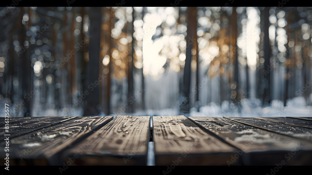 Poster The empty wooden dark brown rustic table top with blur background of winter forest in finland Exuberant image : Generative AI