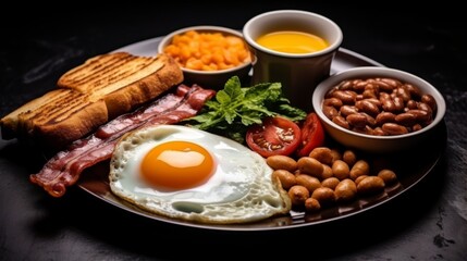Enjoy a complete and nutritious breakfast with eggs, bacon, sausages, beans, toast, and fresh beverages