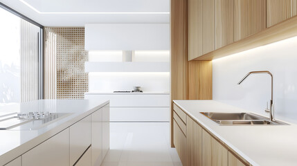 Modern Contemporary kitchen room interior white and wood material real new interior design : Generative AI