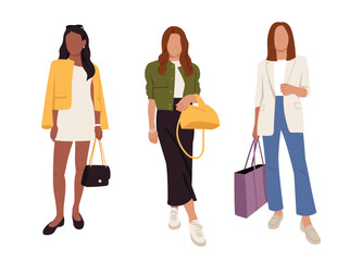 Vector illustration of stylish girls. Cartoon scenes of beautiful girls dressed in trendy outfits: dresses, jackets, bomber jackets, long skirts, light t-shirts, pants, bags, jewelry, glasses.