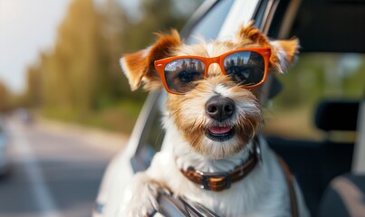 Happy Jack Russell Dog in sunglasses looking out of car window, travel concept