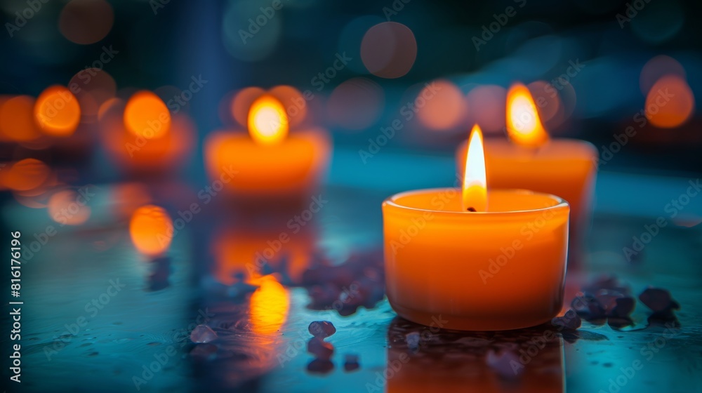 Poster Close-up of lit candles with a warm glow, reflecting on a glass surface