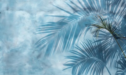 Empty palm shadow blue color texture pattern cement wall background. Used for presentation business nature organic cosmetic products for sale shop online. Summer tropical beach with minimal concept