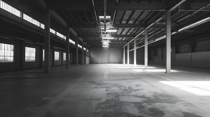 Empty Storehouse Interior for Background Abandoned Parking Lot Black and White Look : Generative AI