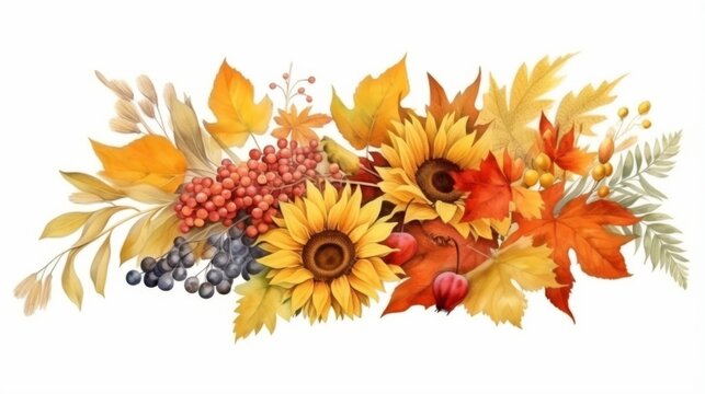 An abundant watercolor depiction of autumn, featuring grapes, apples, and a wide array of fall foliage and flowers