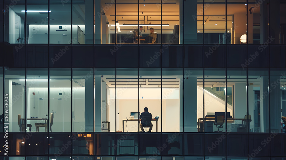 Aufkleber man working late night in empty building with transparent glass window modern : generative ai