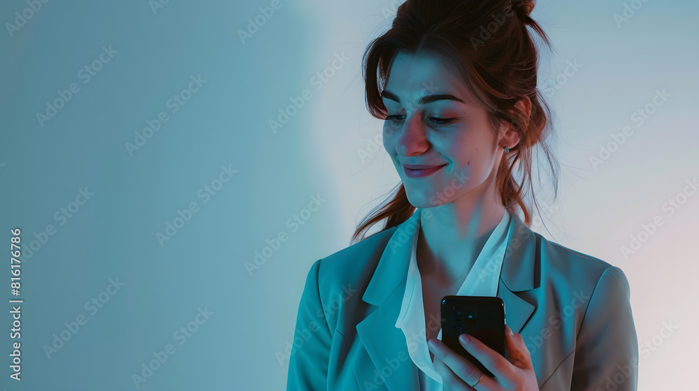 Aufkleber smiling business woman using smartphone on white background : generative ai
