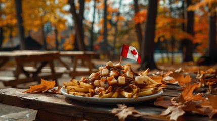 Rustic Wooden Table in Canadian Forest with Poutine Topped with Gravy and Cheese Curds, Small Canadian Flag, Surrounded by Autumn Leaves