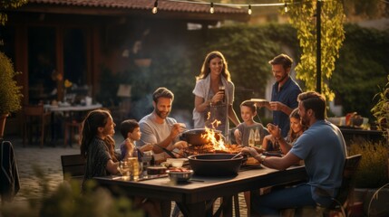 A warm image of a backyard evening gathering around a barbecue fire, enjoying food and wine with friends and family