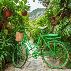 Fototapeta na wymiar reen bicycle surrounded by lush plants in a serene setting