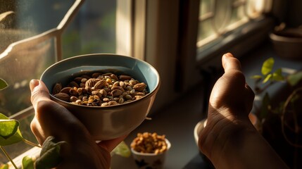 A close-up of hands holding a bowl of mixed nuts and seeds near an open window - Powered by Adobe