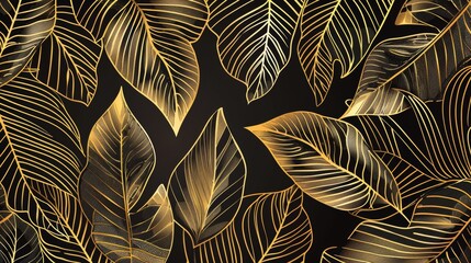Luxurious Golden Tropical Leaves on Navy Background - Elegant Botanical Design