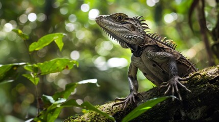 Obraz premium A majestic iguana perches on a branch amidst a lush tropical forest, its scales glistening