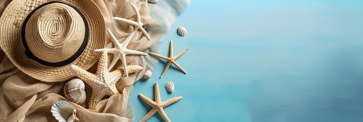 A beach hat and starfish placed on a blue background, creating a summery and warm vibe with cozy elements. Generative AI