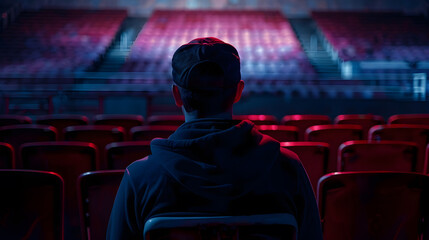WIDE view of a lonely fan spectator attending a sports event on an empty stadium Isolation events during coronavirus pandemic concept : Generative AI