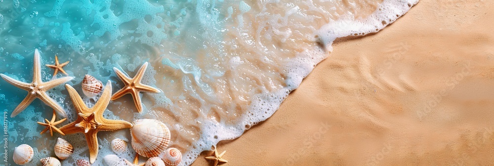 Aufkleber a painting depicting a beach scene with starfish scattered along the shore and waves crashing in the