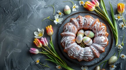 Festive easter marble cake with icing sugar hand-decorated eggs and spring tulips