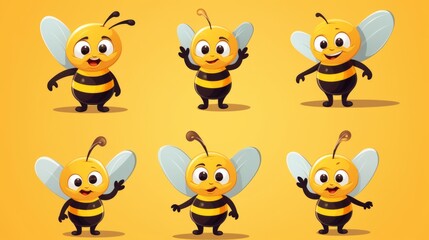 Collection of six cheerful bees with different poses and facial expressions on a yellow background