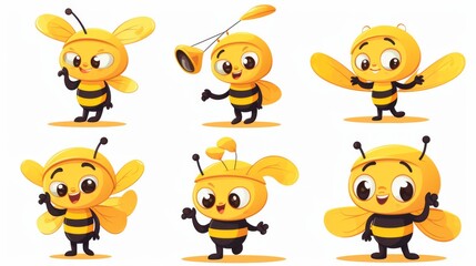 Obraz premium Illustration set featuring six bees engaged in different activities, holding props for various narratives