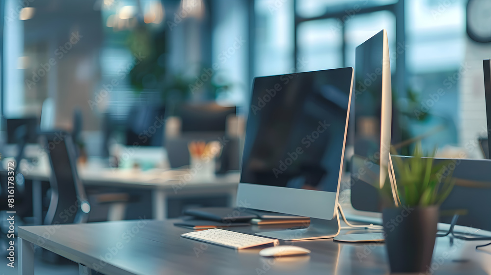 Poster Modern business office without people with blurred bokeh background tables chairs computers copy space High quality photo : Generative AI