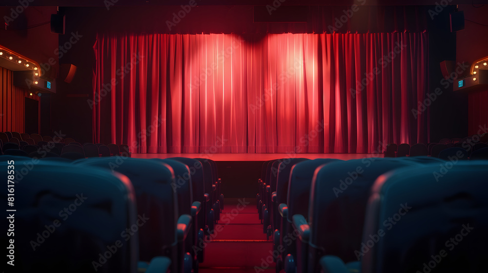 Poster darkened empty movie theatre and stage with the red curtains drawn viewed over rows of vacant seats 