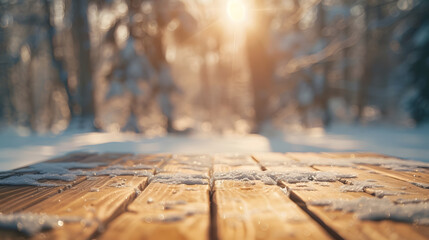 blurred background of winter landscape  with sun light and free space for you and wooden desk space : Generative AI
